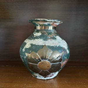 Vintage Green Terracotta Vessel with Brass Detailing